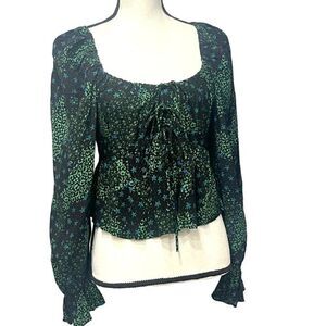 TopShop Mix Print Tie Front Shirt, Dark Green/Black, Sz. 2